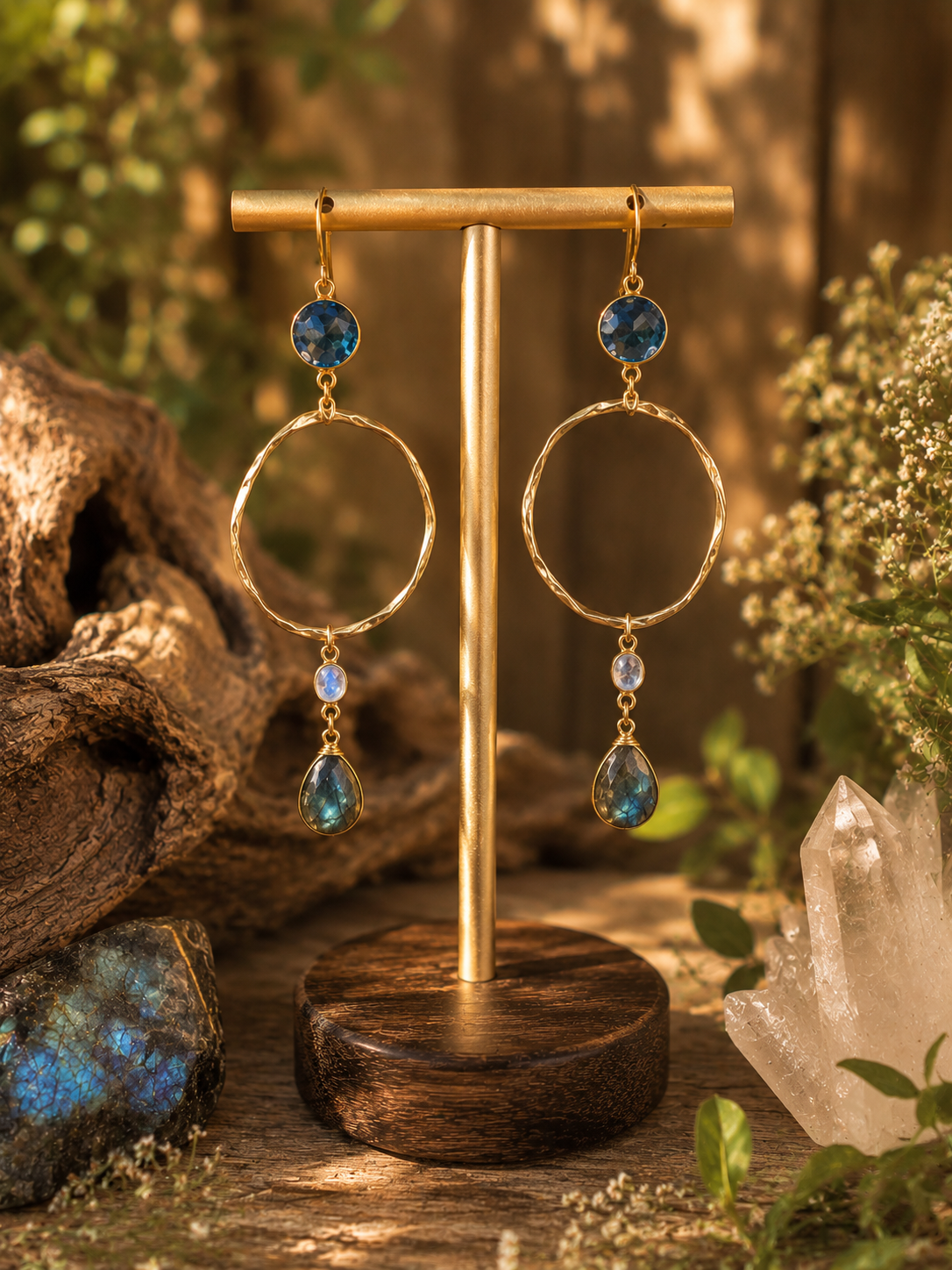 Labradorite & Moonstone Golden Halo Earrings